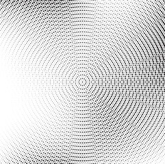 Abstract radial halftone background. Monochrome dot texture of black dots on white. Radial halftone pattern texture. Vector black and white radial dot gradient background for retro vintage wallpaper. 