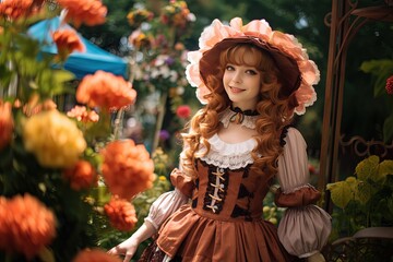 close up portrait of cute young pretty woman wearing 18th century Regency brown outfit standing in flower blossom garden, Generative Ai