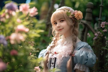 Naklejka premium close up portrait of cute young pretty woman wearing 18th century Regency navy blue outfit standing in flower blossom garden, Generative Ai