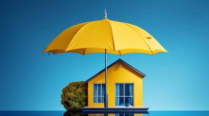Home under insurance umbrella. Protected asset coverage offered by company. - obrazy, fototapety, plakaty
