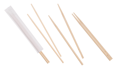 The picture features a set of Asian eating chopsticks. The chopsticks are made of light-colored wood. In the photo, you can see the chopsticks arranged in various positions, some in white paper packag