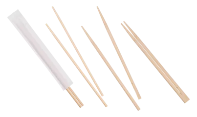 Foto op Canvas The picture features a set of Asian eating chopsticks. The chopsticks are made of light-colored wood. In the photo, you can see the chopsticks arranged in various positions, some in white paper packag © Mikołaj Rychter