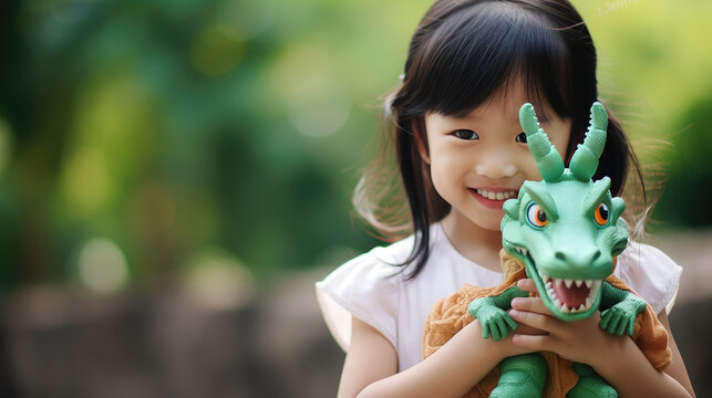 Generative AI, little black-haired Asian girl hugging a toy dragon, a symbol of the new year, Chinese traditional calendar, a child holding a cute dinosaur, childhood, a gift