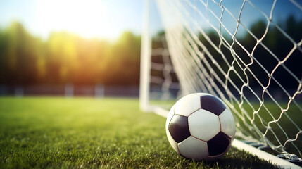 Football kept in front of goal net  - obrazy, fototapety, plakaty