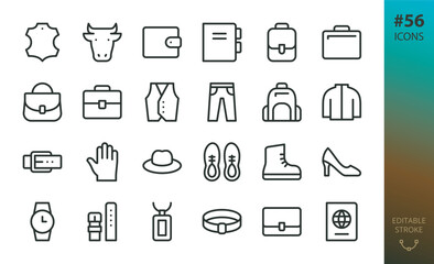 Leather goods isolated icons set. Set of leather symbol, wallet, diary, case, bag, purse, footwear, clothing, bracelet, belt and other accessories vector icon with editable stroke