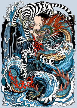 Azure dragon and white tiger meetings at a waterfall. Chinese celestial animals. Mythological creatures  looking at each other, surrounded by water waves. Vertical, graphic style vector illustration