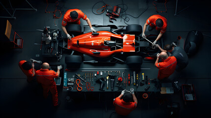 Top view of Formula 1 f1 race car at pit stop for maintenance, team at work