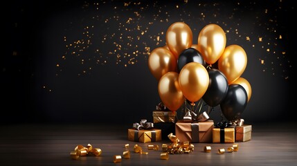 Obraz na płótnie Canvas Black Friday Gift Box and Golden Balloons on a Stylish Black Wall - Ideal for Black Friday and Birthday, Christmas Celebration Cards with Balloons, Gift Boxes