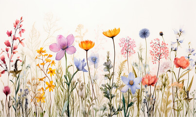 Flores estilo acuarela - Plantas y naturaleza pintura - Ilustracion amapolas, lavanda, margaritas - Fondo blanco - obrazy, fototapety, plakaty