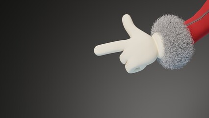 Christmas composition. 3d Santa Claus arm pointing against black background. Flat lay, top view, copy space. Christmas sale card. 3d illustration highly usable. 3d man character, costume, cartoon.