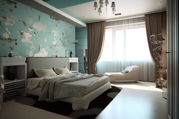 Fototapeta premium Cozy bedroom interior with modern bed in modern luxury house.