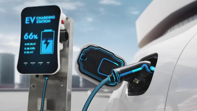 Electric car plug in with charging station to recharge smart battery by advance EV charger on city background. Future innovative eco-friendly energy sustainability to reduce CO2 emission. Peruse