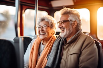 retired parents traveling by bus with smiles of happiness
