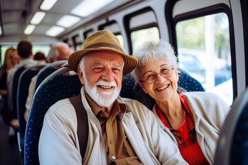retired parents traveling by bus with smiles of happiness