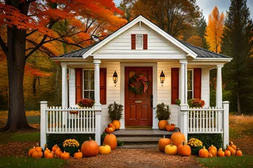  Cute and cozy cottage with fall decorations, pumpkins on the front porch and a wreath © muhmmad