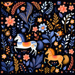Image of pattern design using horse and flowers and leaves. Wildlife Animals. Illustration, Generative AI.