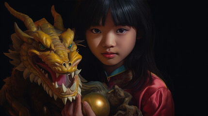 Generative AI, little black-haired Asian girl hugging a toy dragon, a symbol of the new year, Chinese traditional calendar, a child holding a cute dinosaur, childhood, a gift