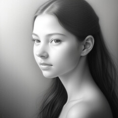 Monochrome detailed graphite pencil artwork portrait of a beautiful young woman.  Generative AI
