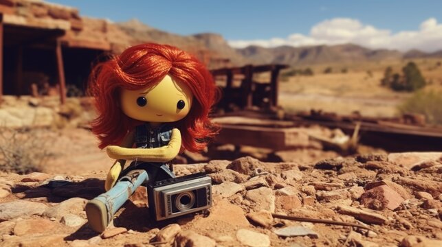Forgotten wild west red hair cowgirl toy doll, left behind to live in a ghost town, dry desert ruins, scorching hot, buildings in state of decay - generative AI art
