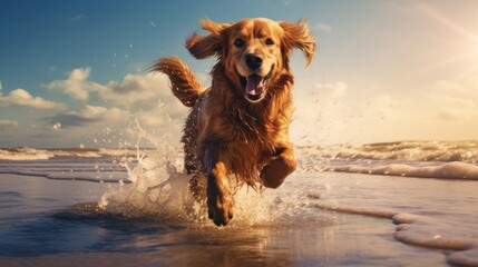 A happy dog runs along the sandy ocean shore and splashes with water. Vacation time, rest and relaxation concept.