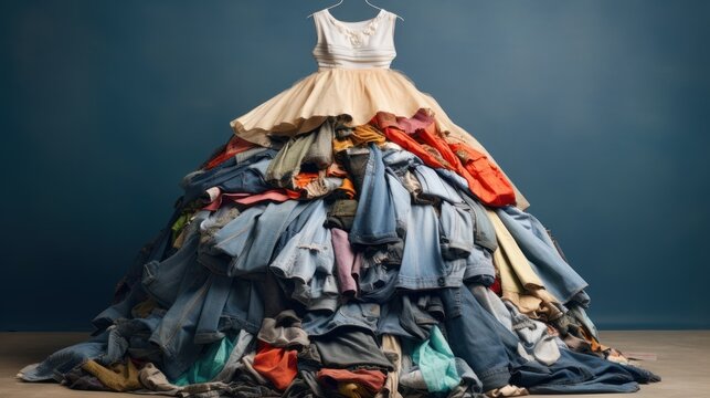 A large pile of things collected in a landfill. The concept of overconsumption, overspending and buying unnecessary things and clothes.