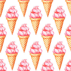 Ice cream cones seamless pattern. Cute watercolor illustration. Vintage print for textiles, packaging.