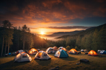 Youths relax by the river, setting up a small camping site on the forest's edge.