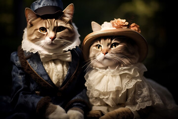 Family of cats in royal outfits of the Victorian era. Fynny cats. Cats as Humans concept. Picture of Cat Aristocrats - obrazy, fototapety, plakaty