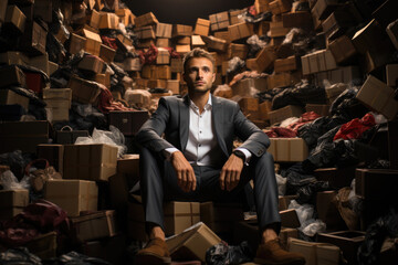 Generative AI - The Arrogance of Consumerism: A Rich Snob atop the Mountain of Shipping Boxes - obrazy, fototapety, plakaty