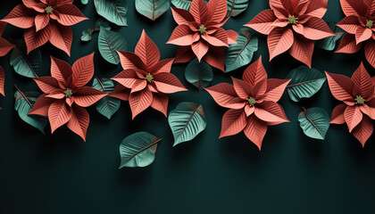 A top view of festive green and red Christmas poinsettia