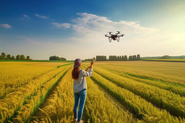 Fototapeta premium A woman standing in a green field drone flying over field
