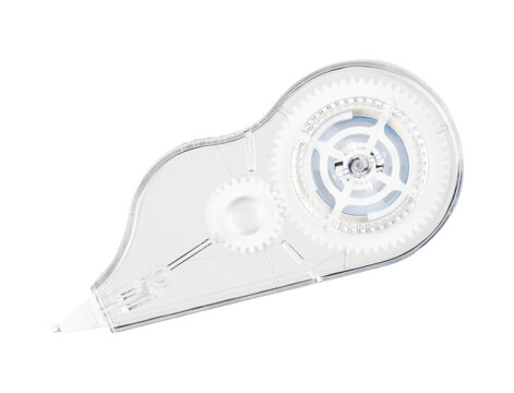 The photo depicts an office correction tape in a transparent casing. The entire setup is isolated against a background
