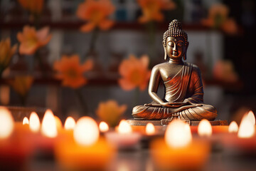Buddha in meditation with burning candle A professional