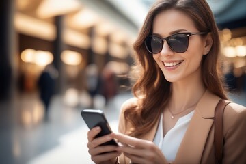woman wearing sunglasses using smartphone in the city street