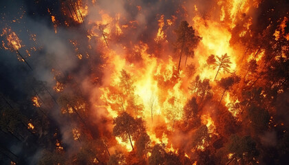 Fototapeta premium Fire in woods aerial view sharp focus