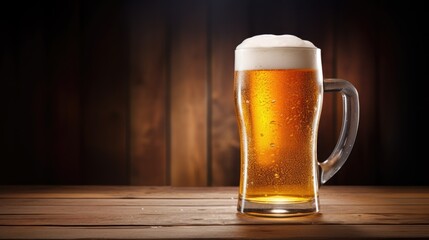 Cold and fresh beer mug on the wooden table isolated on dark blurred background with free place for text
