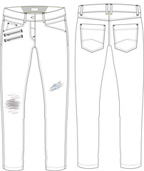 Denim Bottom flat sketch vector, Technical Fashion Illustration, front and back Unisex CAD mock-up.
