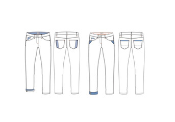 Denim Bottom flat sketch vector, Technical Fashion Illustration, front and back Unisex CAD mock-up.