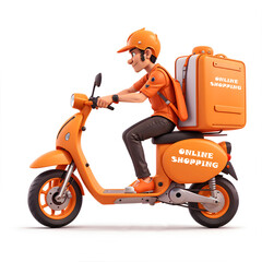 3d render illustration of delivery man character riding on a scooter, motorcycle with large box. Online food order and food delivery service on white background. Orange white color.