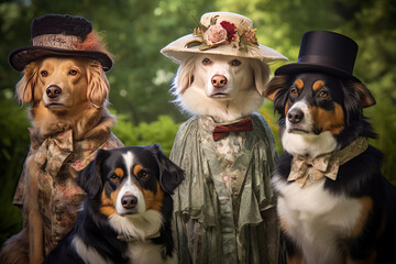 Family of dogs in royal outfits of the Victorian era. Fynny dogs. Dogs as Humans concept. Picture of Dogs Aristocrats