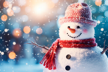 Happy snowman In wintry landscape on glitter bokeh background