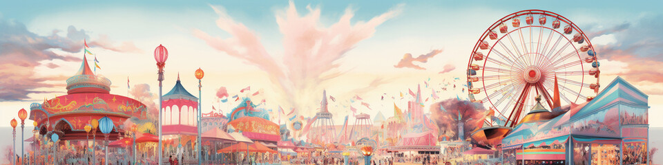 A Risograph Illustration of a Vintage European Carnival with Layered Rides