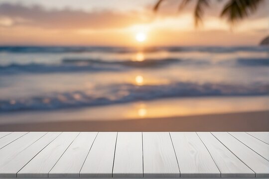 White wood table top on blur beach background. High quality photo. Generative AI 