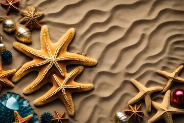 Fototapeta na wymiar beautiful view of beach starfish and shells on sand.