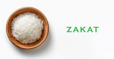 white rice top view, zakat word islam concept