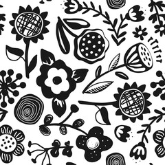 Aesthetic retro flowers in Scandinavian style seamless pattern. Decorative Naive boho background in minimalist style for fabric, wallpaper or wrapping, outline white and black © Toltemara