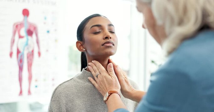 Doctor, patient and hands on neck for healthcare consultation for exam, service or diagnosis. Medical worker and woman at hospital to check sore throat, sick or pain and thyroid for infertility