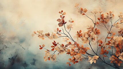 autumn background with a twig on the side of autumn leaves in retro shades
