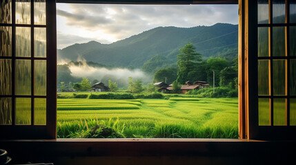 日本の家屋の窓から見た水田や山々の様子