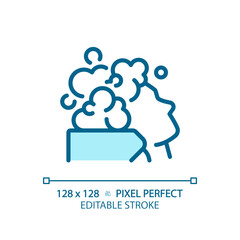 2D pixel perfect editable woman with hair wash blue icon, isolated vector, haircare thin line simple monochromatic illustration.